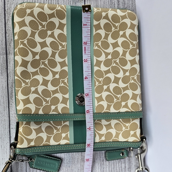 EUC Coach Signature Stripe Tan, Green, & Teal Crossbody Bag - Picture 11 of 12
